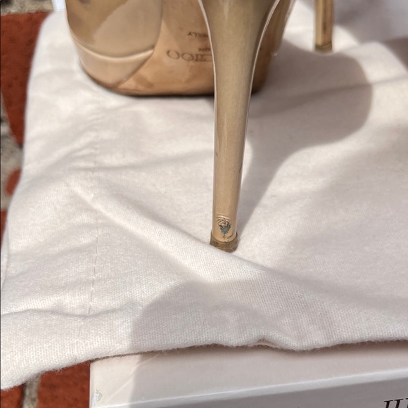 Jimmy Choo Nude Patent Leather Peep Toe Heels - Picture 8 of 10